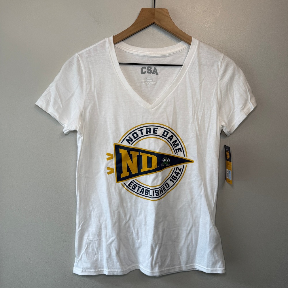 CSA Notre Dame Fighting Irish Women's White V-Neck Graphic T-Shirt Small NWT